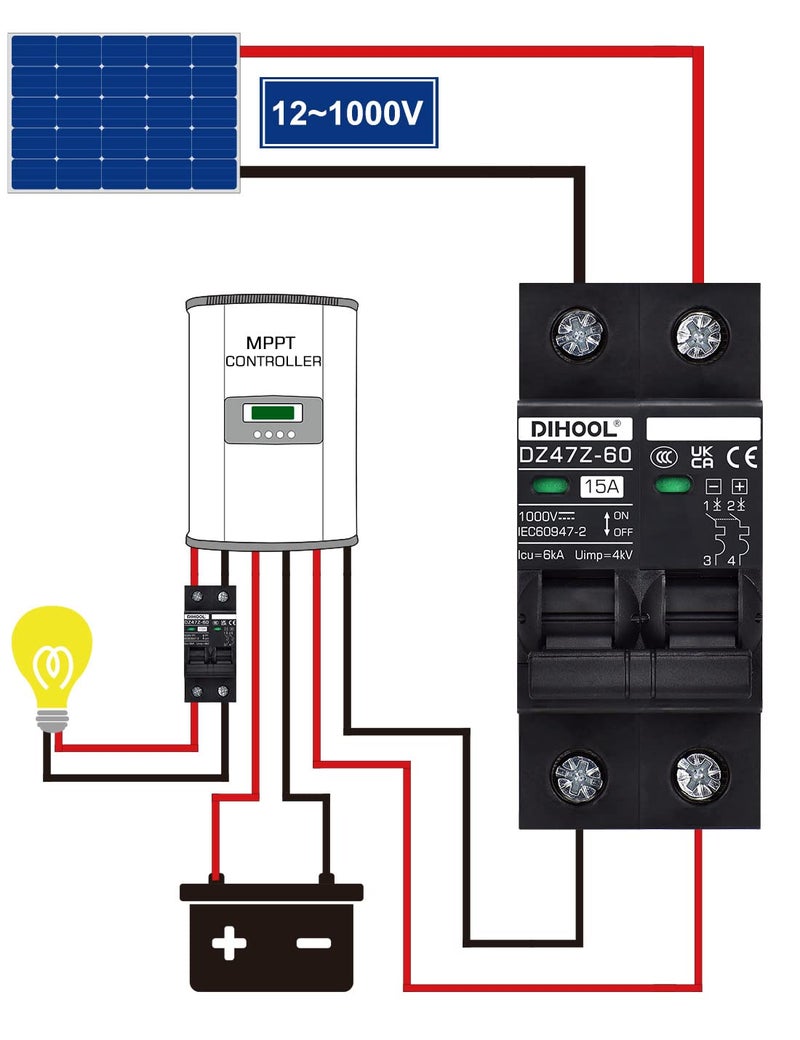 DIHOOL DC Circuit Breaker 15 Amp Solar Disconnect Switch 2P 12-1000V for PV, UPS, RV Battery,DIN Rail Mount - Image 3